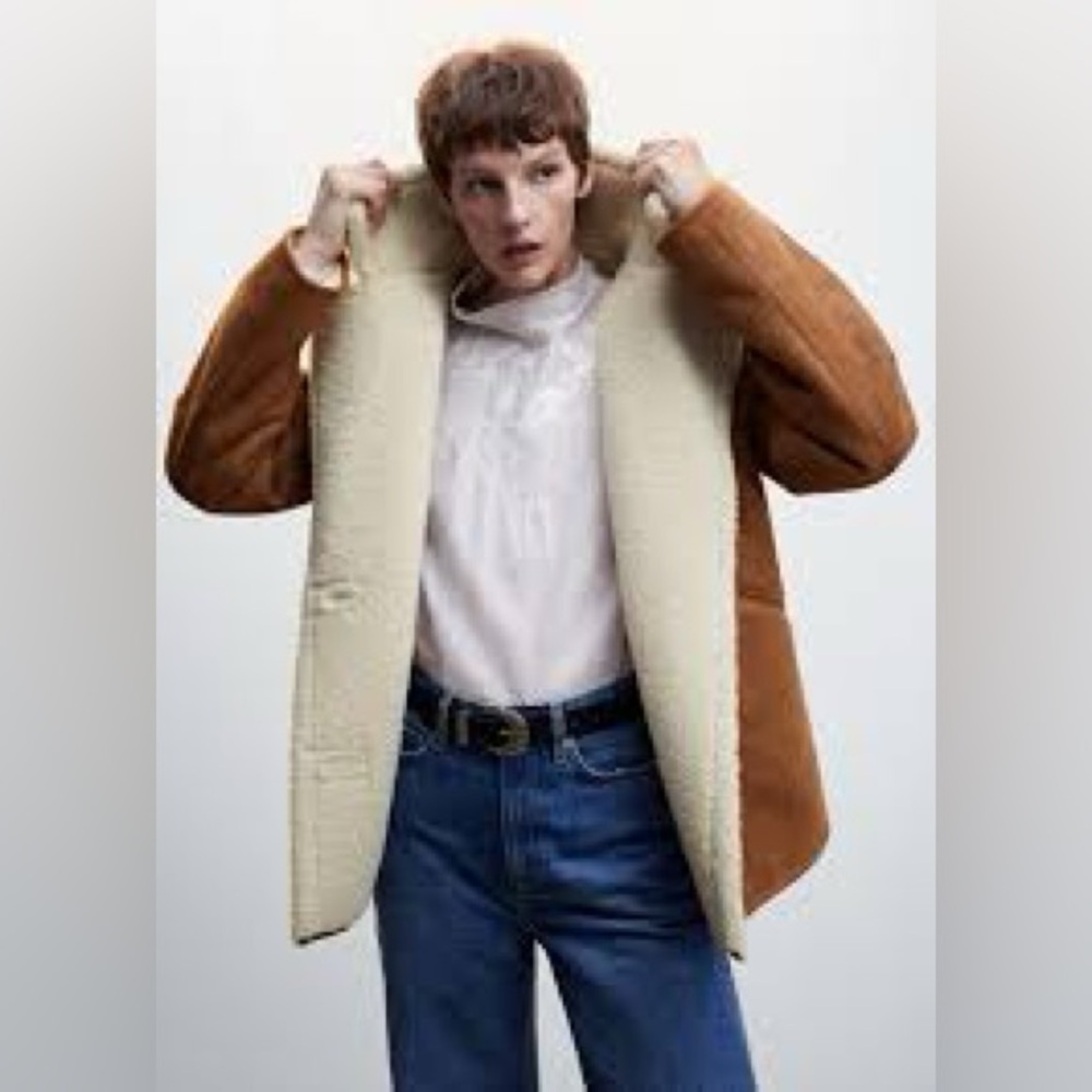 MANGO Oversized Cognag Tan Shearling Jacket Coat Size XS - Small Oversized - Picture 6 of 16